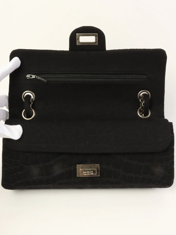 Chanel Around 2007 Nmade Cotton Crocodile Stitch 2.55 Chain Shoulder Bag Black