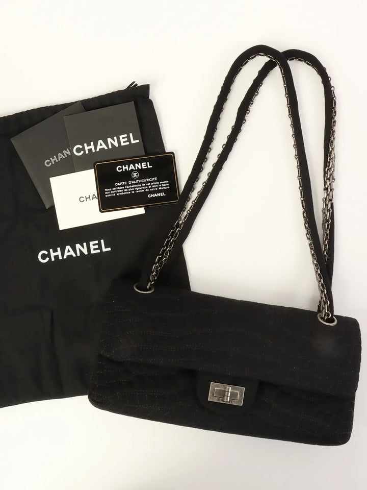Chanel Around 2007 Nmade Cotton Crocodile Stitch 2.55 Chain Shoulder Bag Black