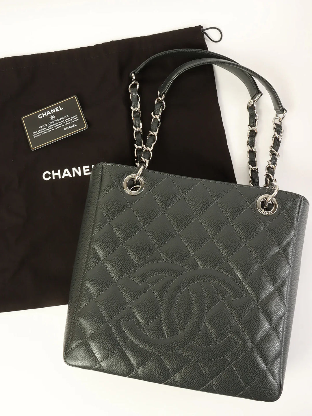 Chanel Around 2014 Made Caviar Skin Cc Mark Stitch Chain Tote Bag Charcoal Grey