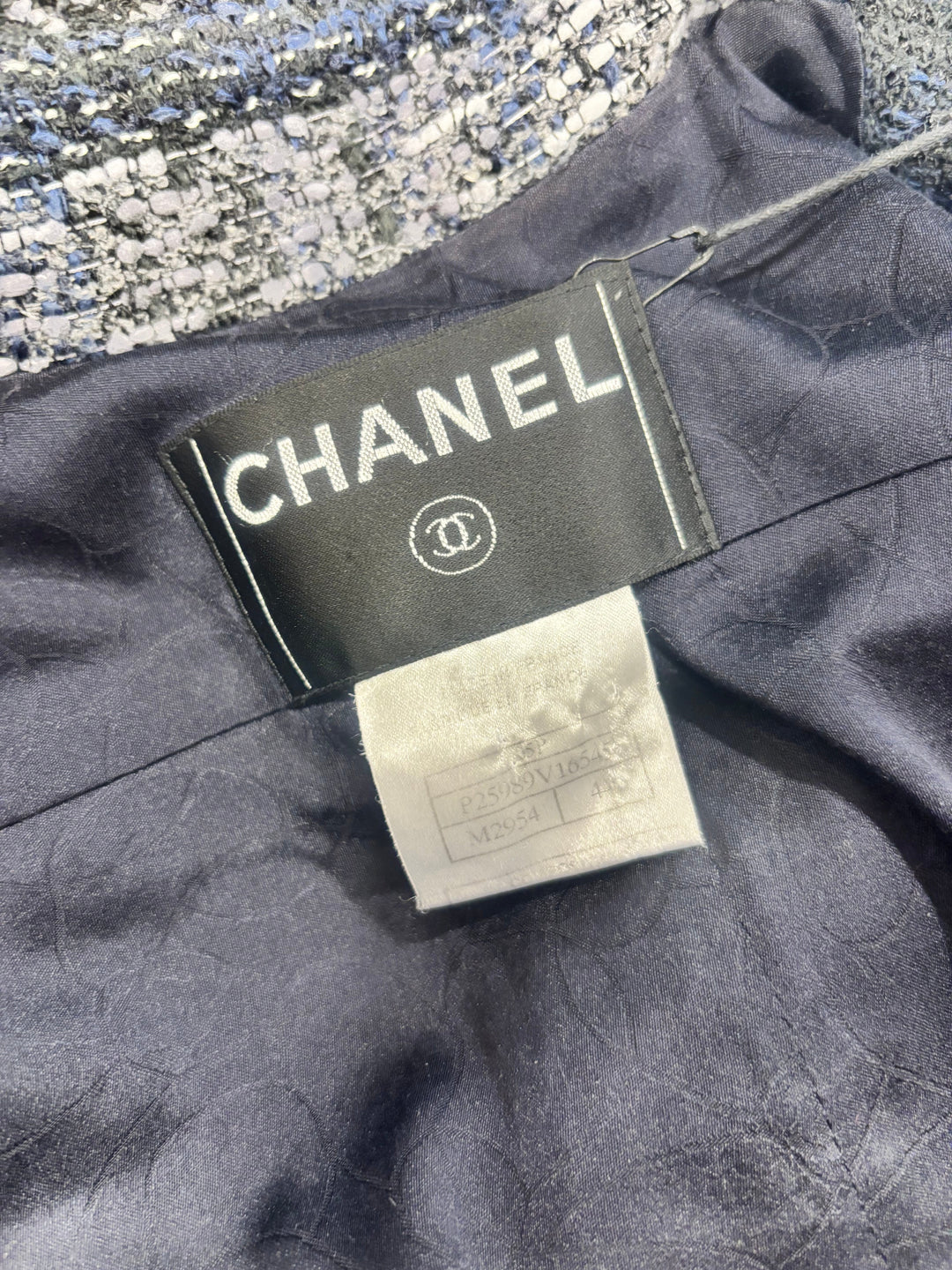 Top Quality Chanel 05/P Navy, Black and Grey Checked Tweed Jacket and Skirt Set with Frills and CC Button Details Size FR 44 (UK 16)