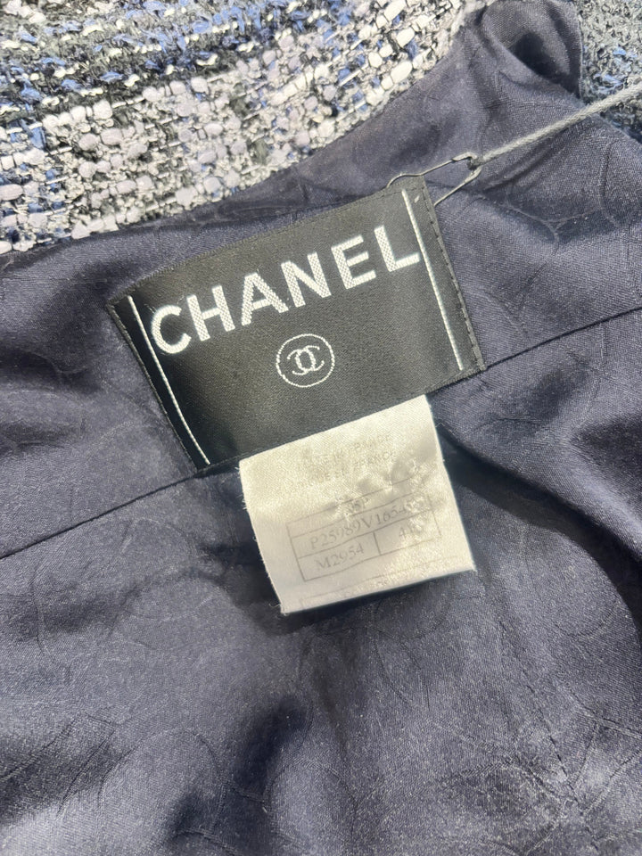 Top Quality Chanel 05/P Navy, Black and Grey Checked Tweed Jacket and Skirt Set with Frills and CC Button Details Size FR 44 (UK 16)