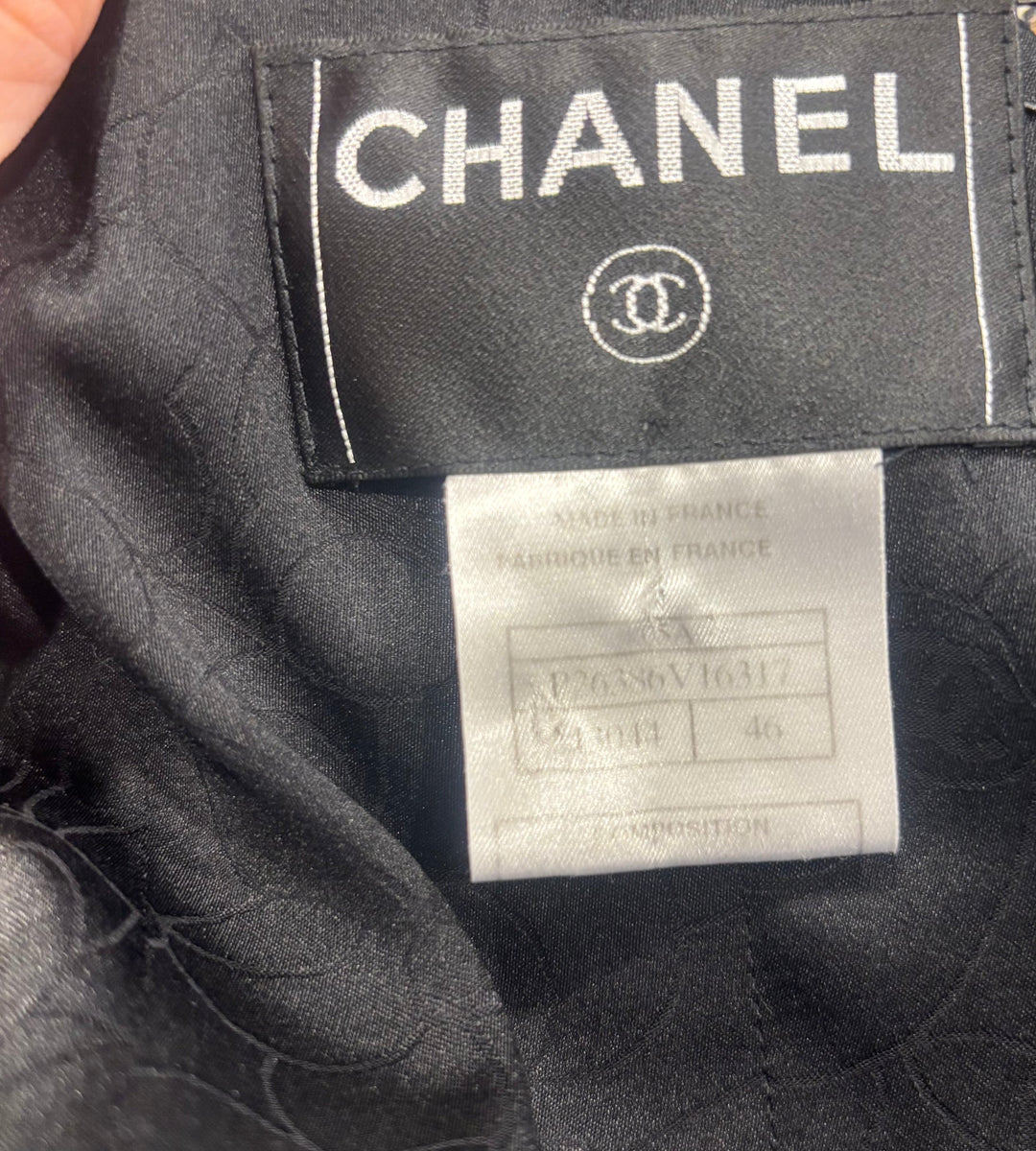 Top Quality Chanel 05/A Black, Navy, White Tweed Jacket with Frilled Edges and Crystal Chained Button Details Size FR 46 (UK 18)