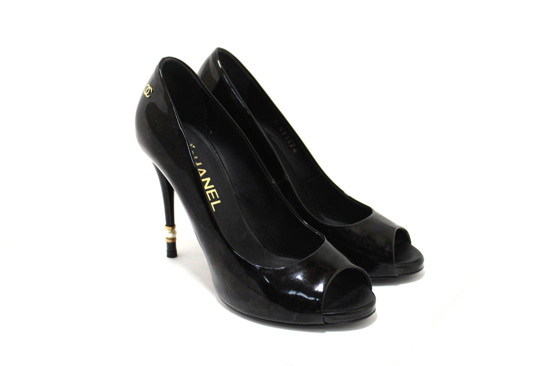 Top Quality Chanel Black Patent Leather CC Pearl Embellished Heel Peep Toe Pumps Size 38