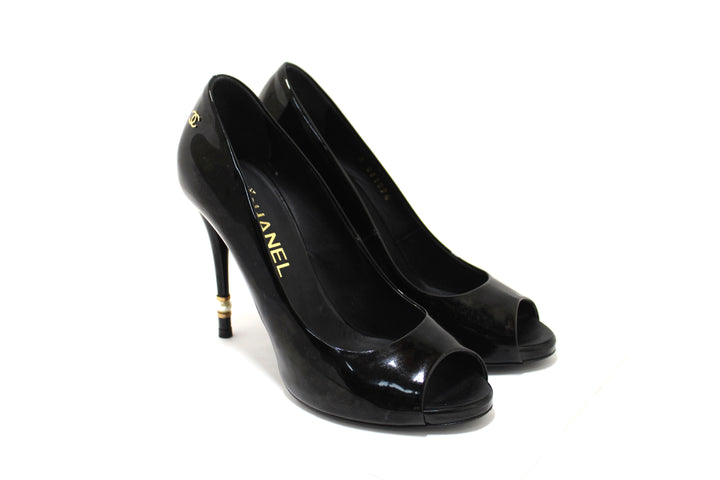 Top Quality Chanel Black Patent Leather CC Pearl Embellished Heel Peep Toe Pumps Size 38