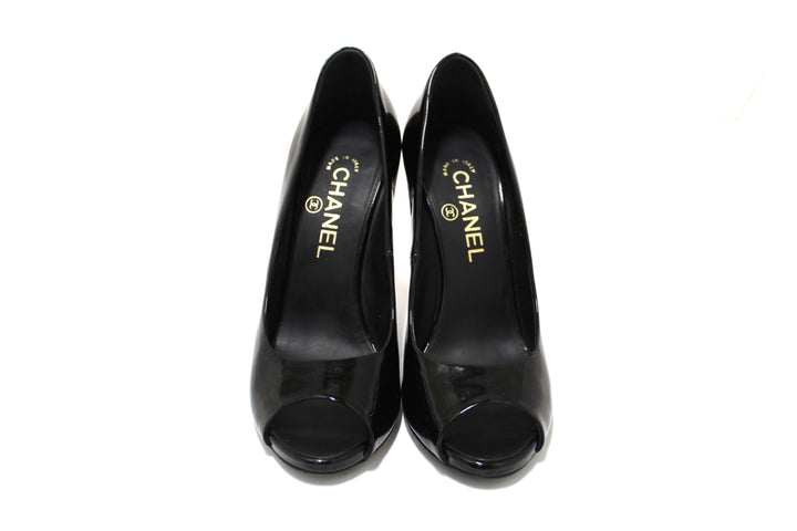 Top Quality Chanel Black Patent Leather CC Pearl Embellished Heel Peep Toe Pumps Size 38