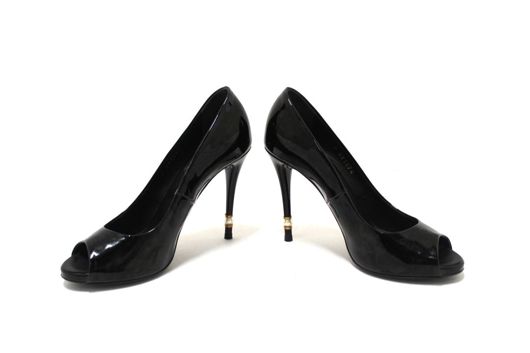 Top Quality Chanel Black Patent Leather CC Pearl Embellished Heel Peep Toe Pumps Size 38
