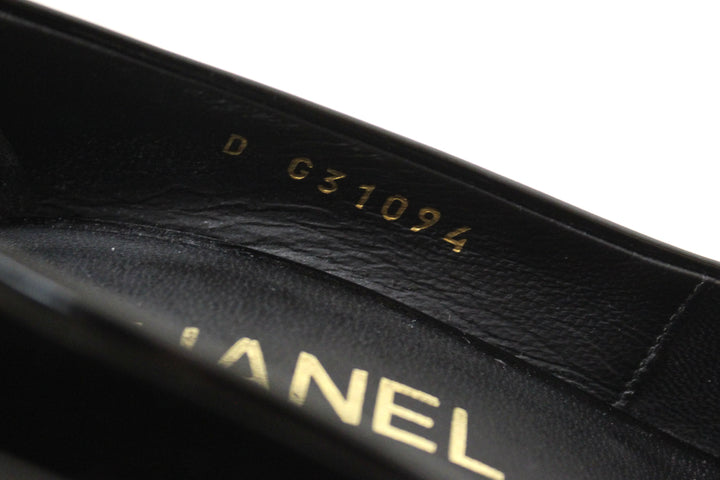 Top Quality Chanel Black Patent Leather CC Pearl Embellished Heel Peep Toe Pumps Size 38