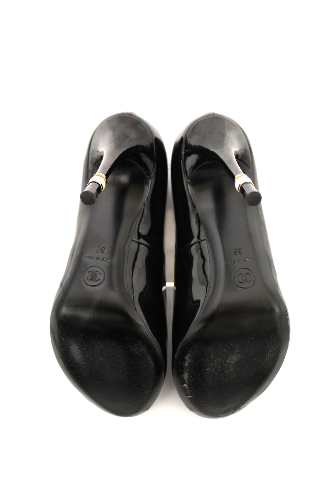 Top Quality Chanel Black Patent Leather CC Pearl Embellished Heel Peep Toe Pumps Size 38