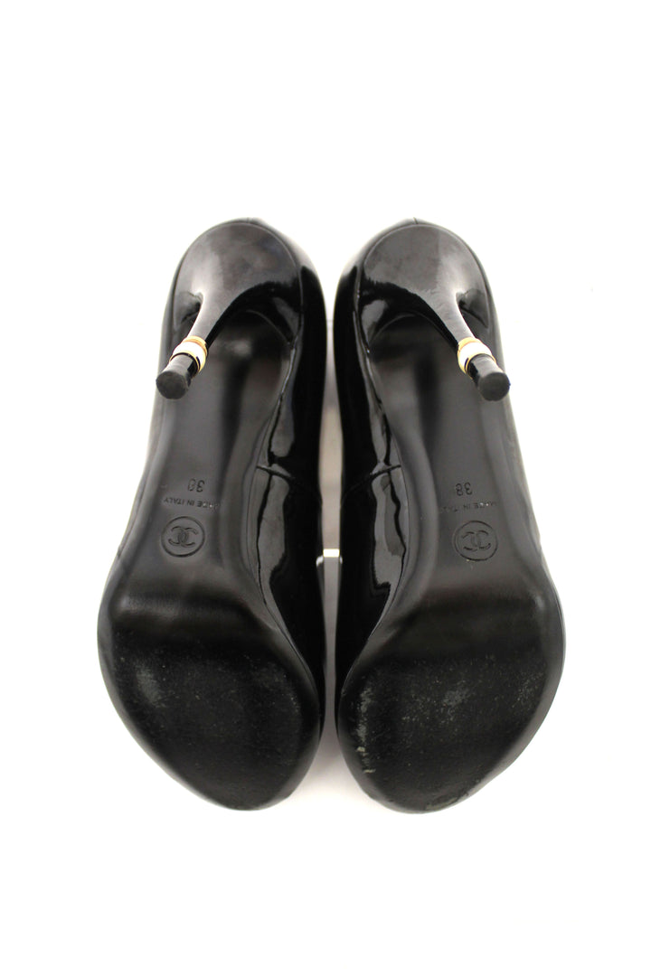 Top Quality Chanel Black Patent Leather CC Pearl Embellished Heel Peep Toe Pumps Size 38