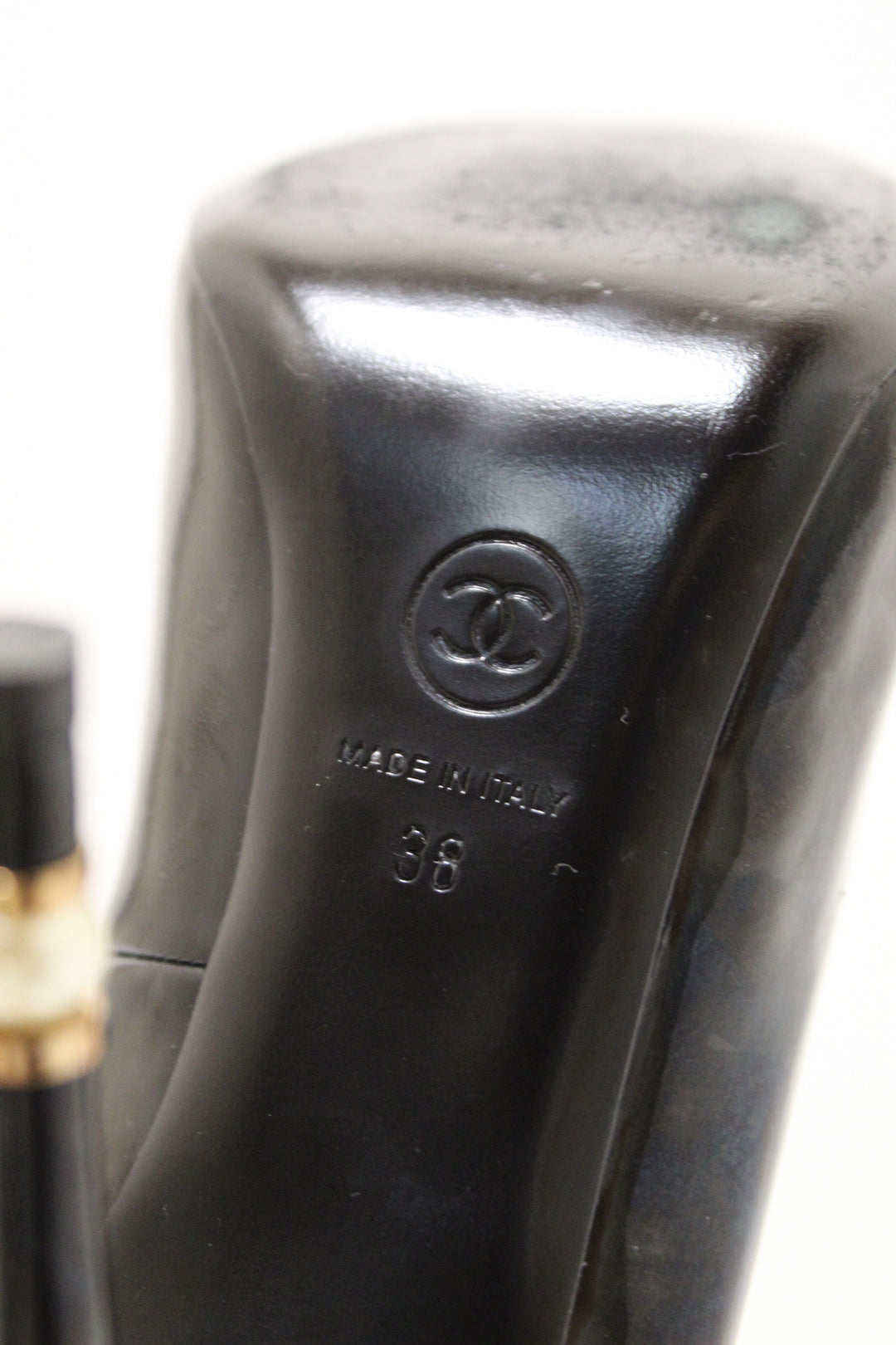 Top Quality Chanel Black Patent Leather CC Pearl Embellished Heel Peep Toe Pumps Size 38