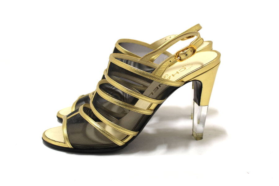Chanel Gold Leather and Black Mesh Lucite Heel Sandals Size 38 | Italystation.com