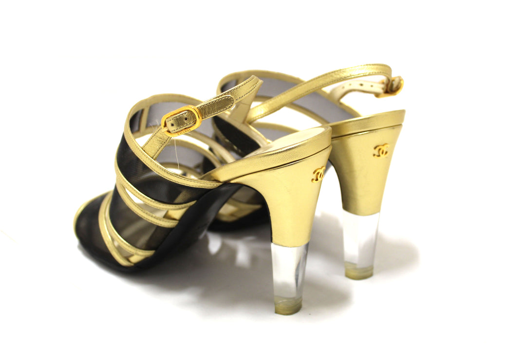 Top Quality Chanel Gold Leather and Black Mesh Lucite Heel Sandals Size 38