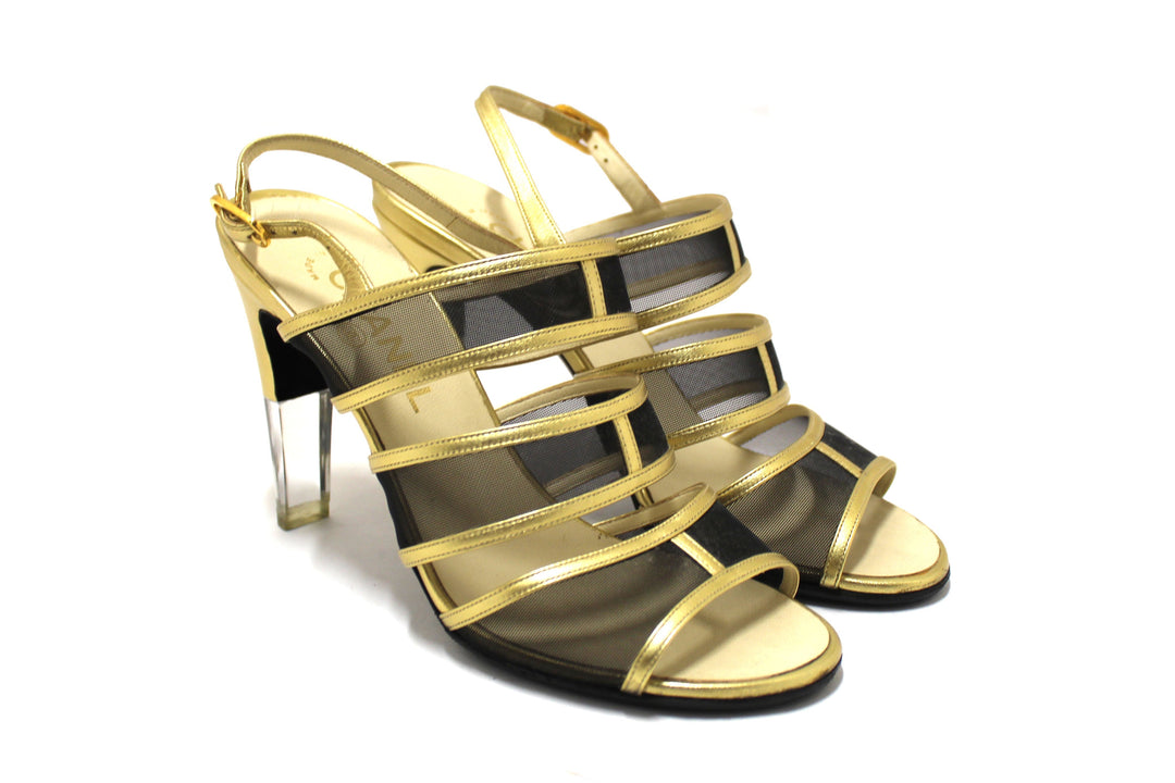 Top Quality Chanel Gold Leather and Black Mesh Lucite Heel Sandals Size 38