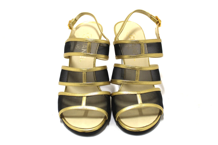 Top Quality Chanel Gold Leather and Black Mesh Lucite Heel Sandals Size 38