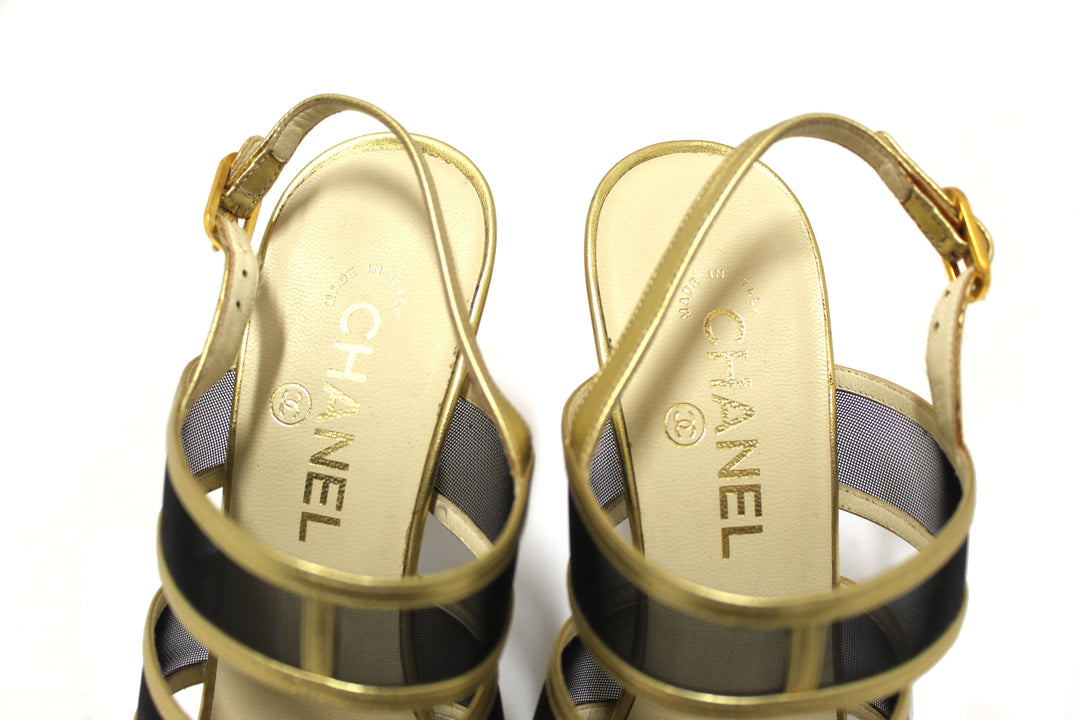 Top Quality Chanel Gold Leather and Black Mesh Lucite Heel Sandals Size 38