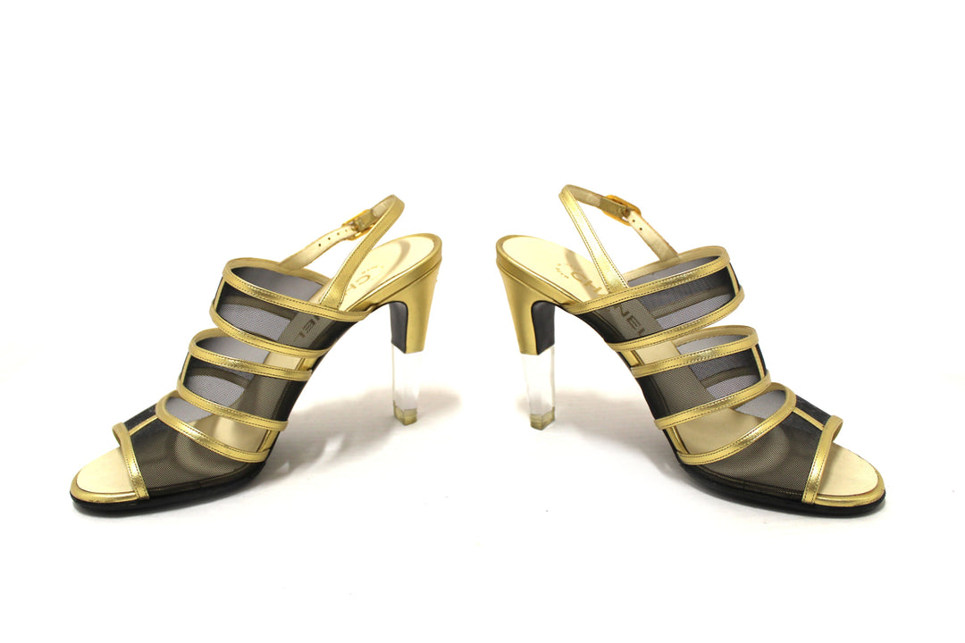 Top Quality Chanel Gold Leather and Black Mesh Lucite Heel Sandals Size 38