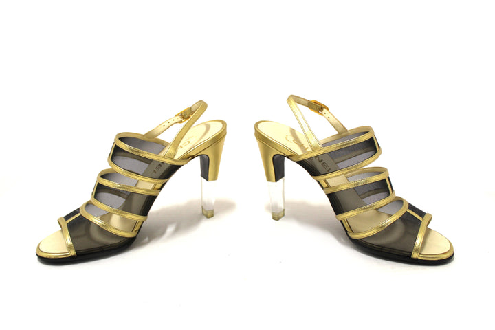Top Quality Chanel Gold Leather and Black Mesh Lucite Heel Sandals Size 38