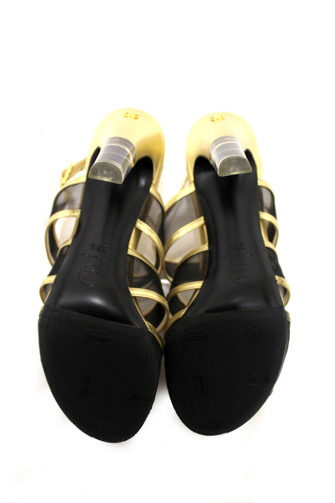 Top Quality Chanel Gold Leather and Black Mesh Lucite Heel Sandals Size 38