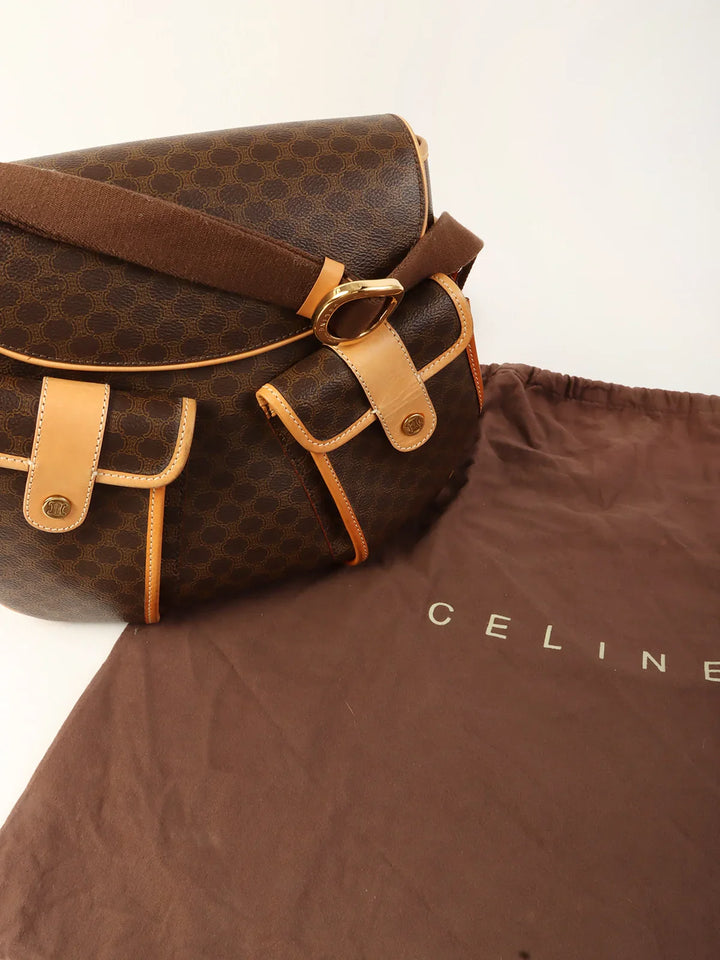 Celine Macadam Pattern Logo Button Shoulder Bag Brown