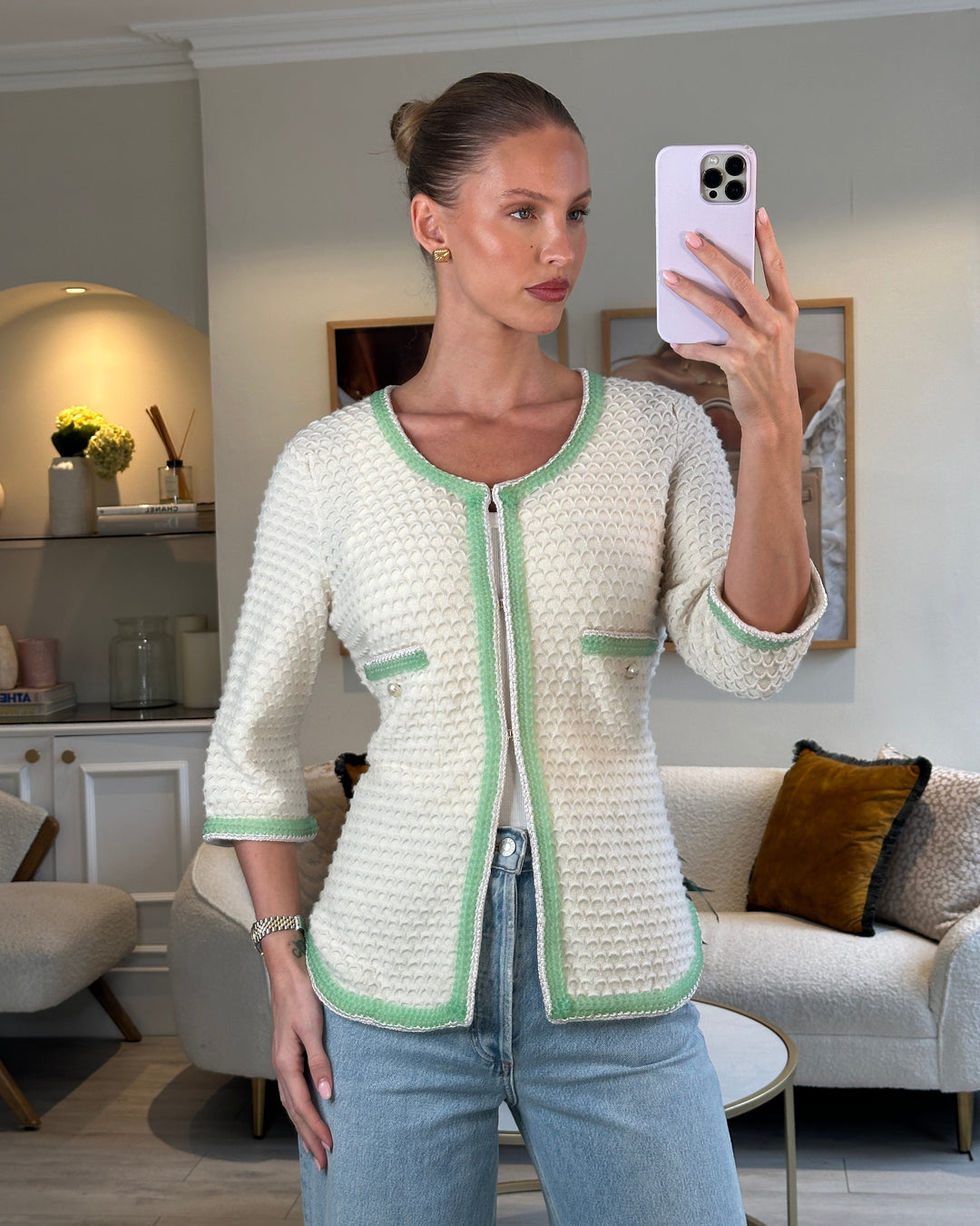 Top Quality Chanel Cream Cashmere Belted igan With Lilac & Green Woven Trim and Pearl Details Size FR 42 (UK 14)