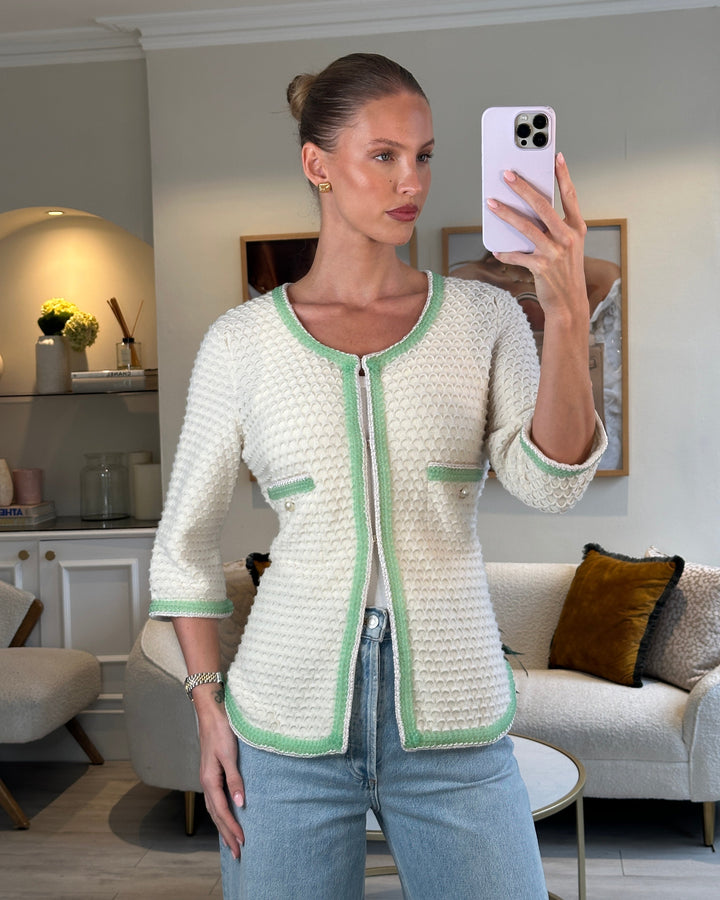 Top Quality Chanel Cream Cashmere Belted igan With Lilac & Green Woven Trim and Pearl Details Size FR 42 (UK 14)