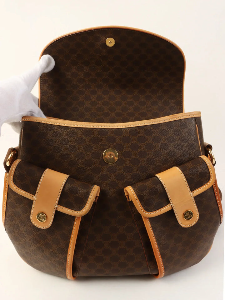Celine Macadam Pattern Logo Button Shoulder Bag Brown