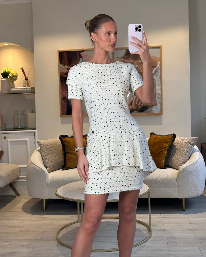 Top Quality Chanel White & Black Tweed Mini Dress With Frill Detail Skirt Size FR 38 (UK 10)