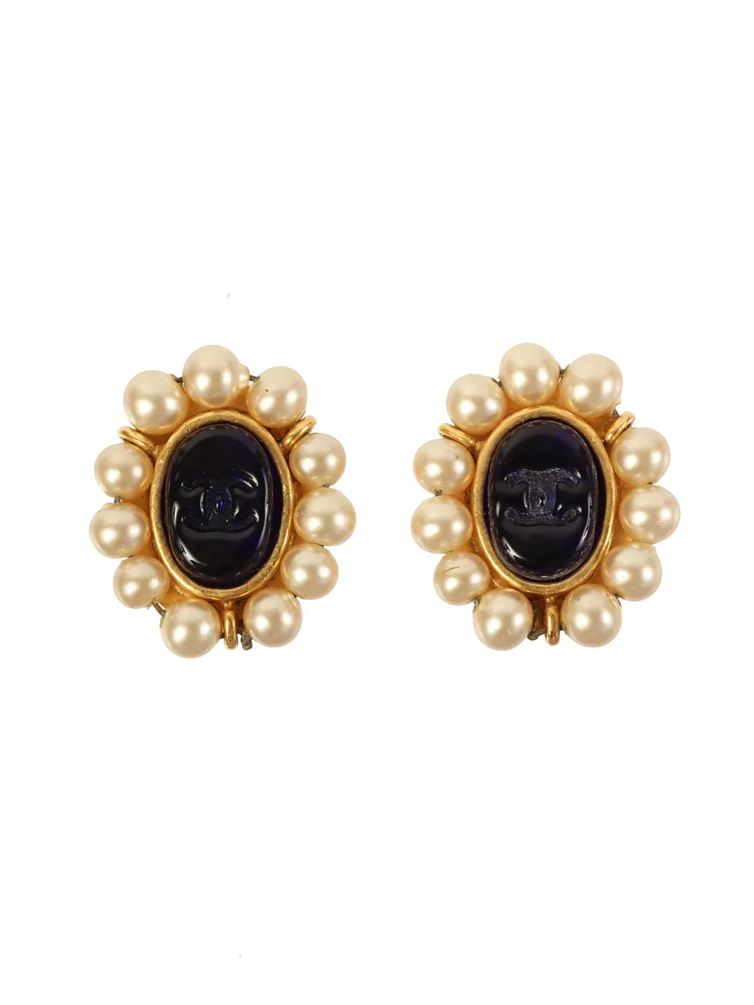 Chanel 1994 Made Pearl Cc Mark Earrings Gold/Navy