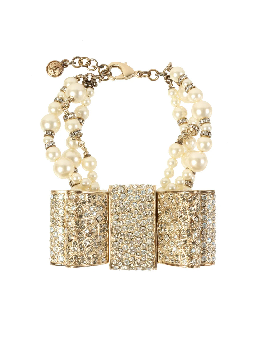 Chanel 2013 Made Pearl Rhinestone Ribbon Motif Bracelet Gold/White