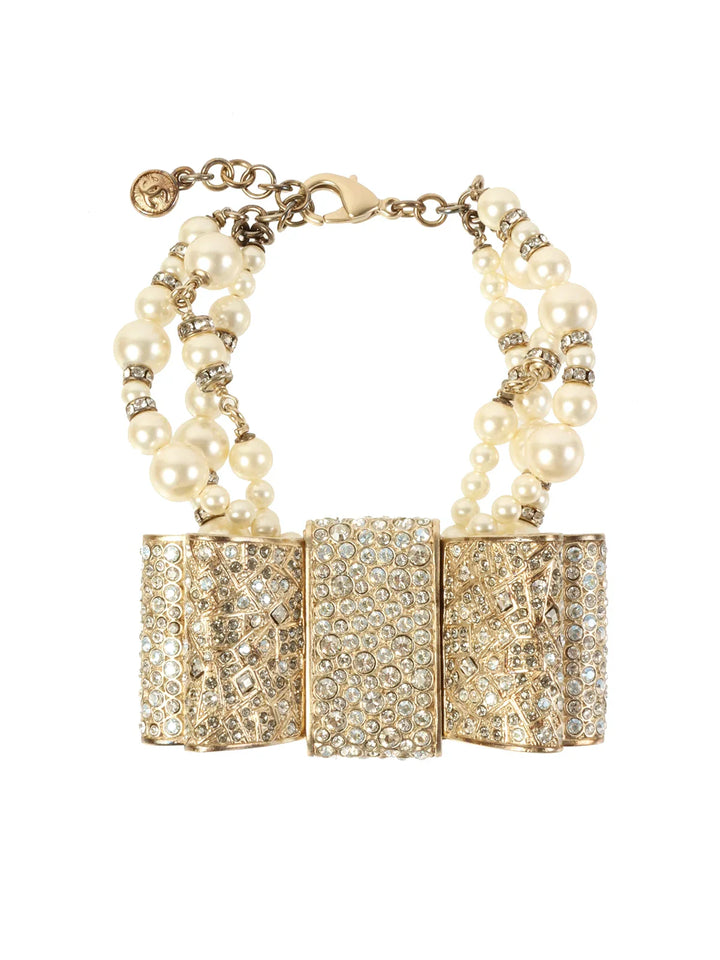 Chanel 2013 Made Pearl Rhinestone Ribbon Motif Bracelet Gold/White