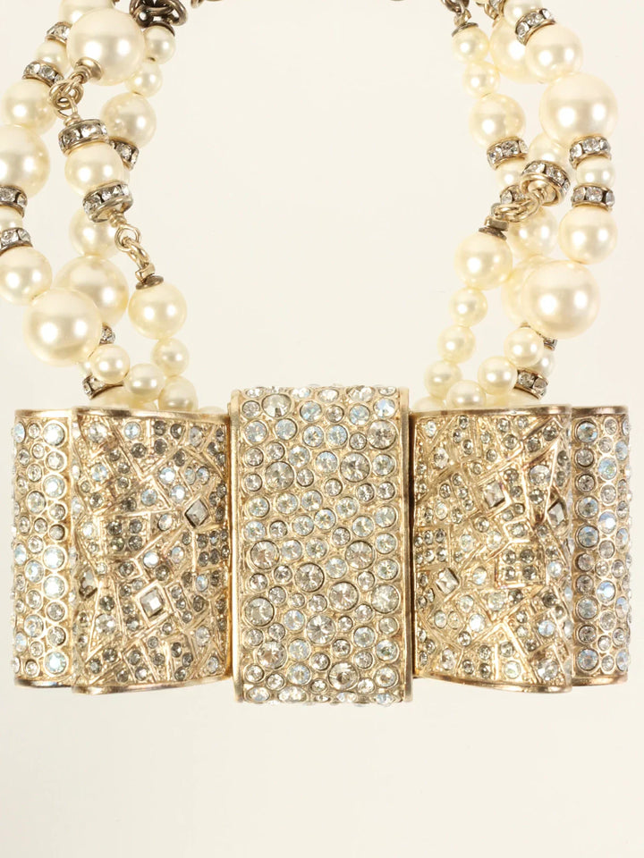 Chanel 2013 Made Pearl Rhinestone Ribbon Motif Bracelet Gold/White