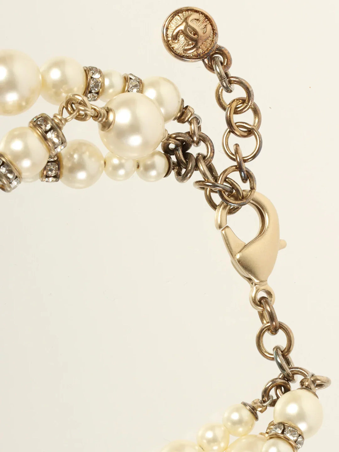 Chanel 2013 Made Pearl Rhinestone Ribbon Motif Bracelet Gold/White