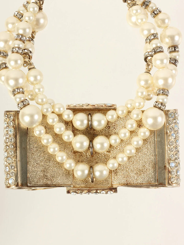 Chanel 2013 Made Pearl Rhinestone Ribbon Motif Bracelet Gold/White