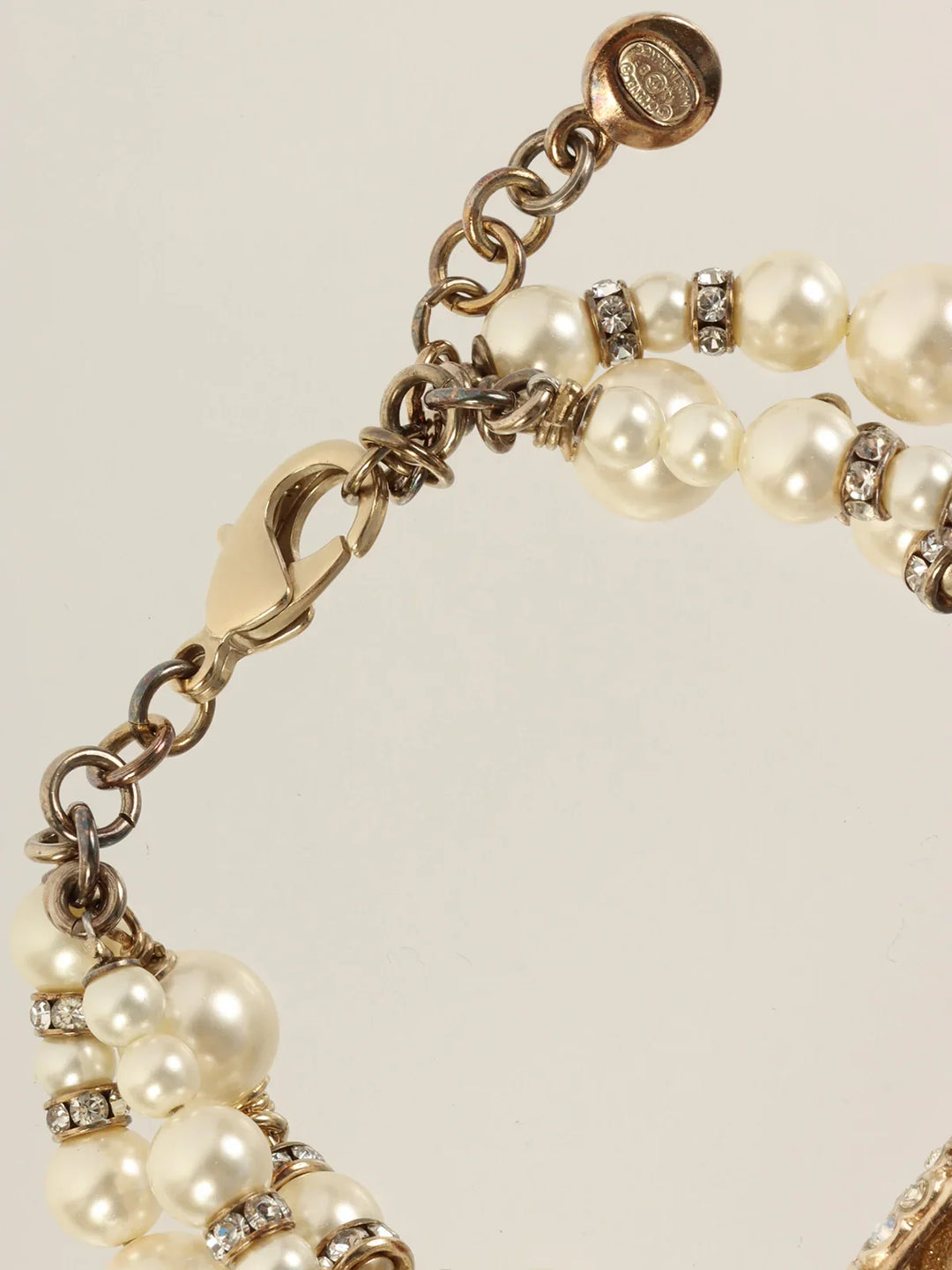 Chanel 2013 Made Pearl Rhinestone Ribbon Motif Bracelet Gold/White