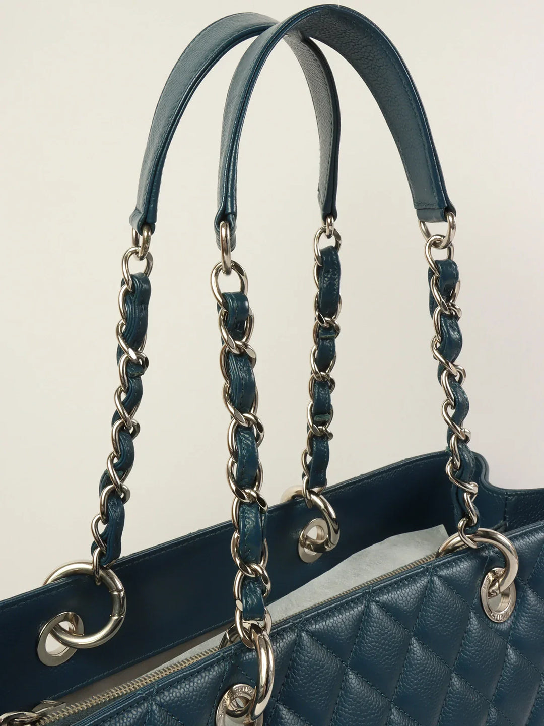 Chanel Around 2013 Made Caviar Skin Cc Mark Stitch Chain Tote Bag Indigo Blue