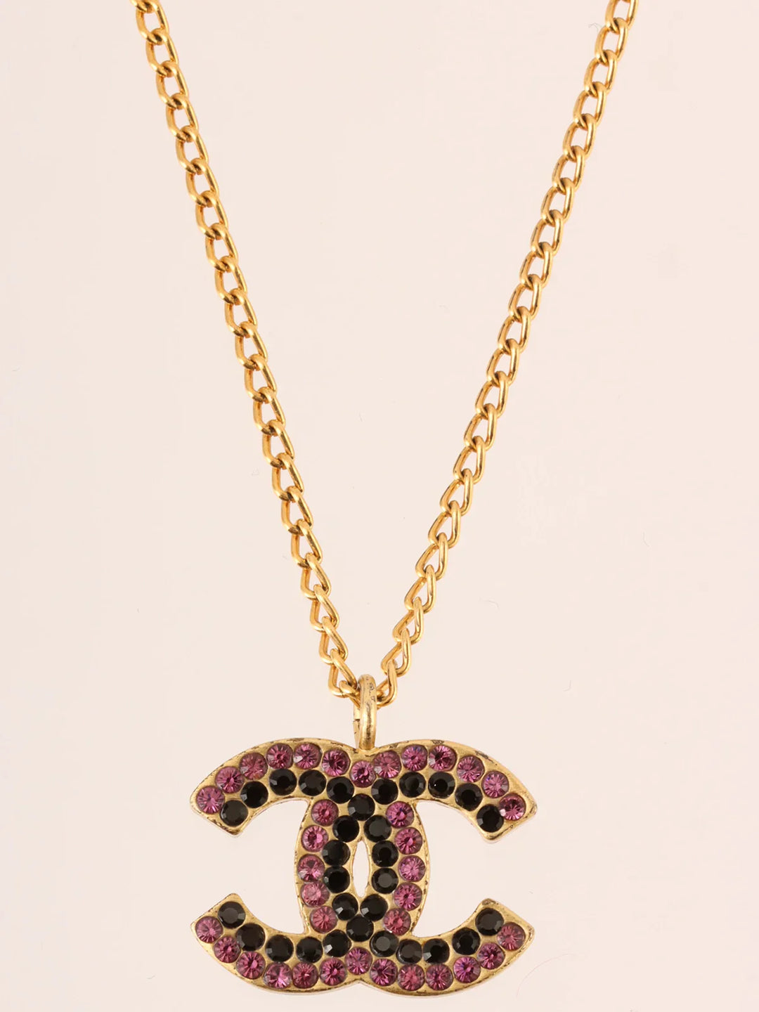Chanel 2002 Made Rhinestone Cc Mark Plate Necklace Gold/Purple/Black