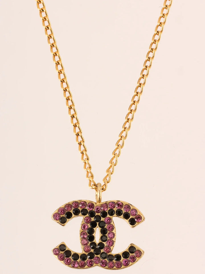 Chanel 2002 Made Rhinestone Cc Mark Plate Necklace Gold/Purple/Black