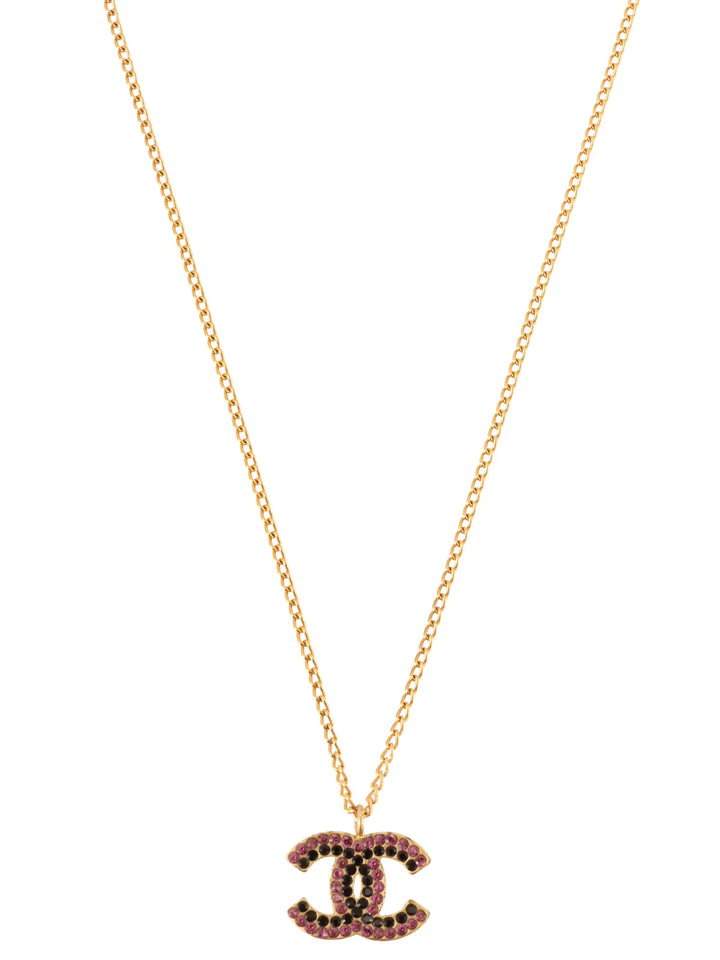 Chanel 2002 Made Rhinestone Cc Mark Plate Necklace Gold/Purple/Black