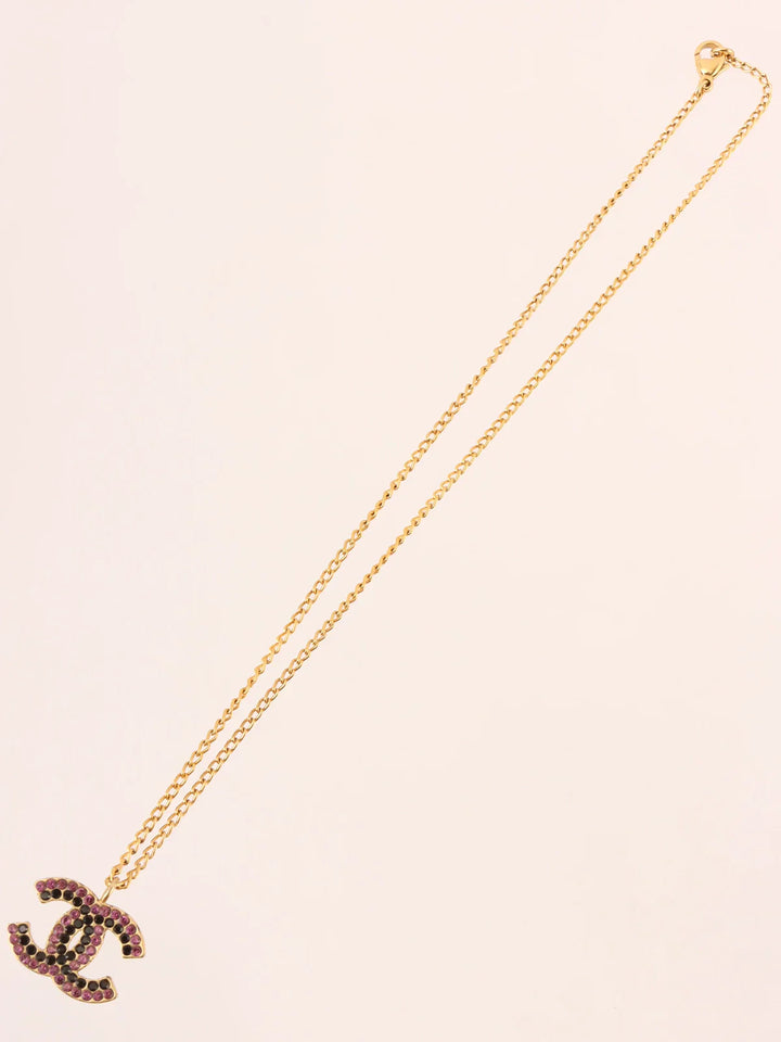 Chanel 2002 Made Rhinestone Cc Mark Plate Necklace Gold/Purple/Black