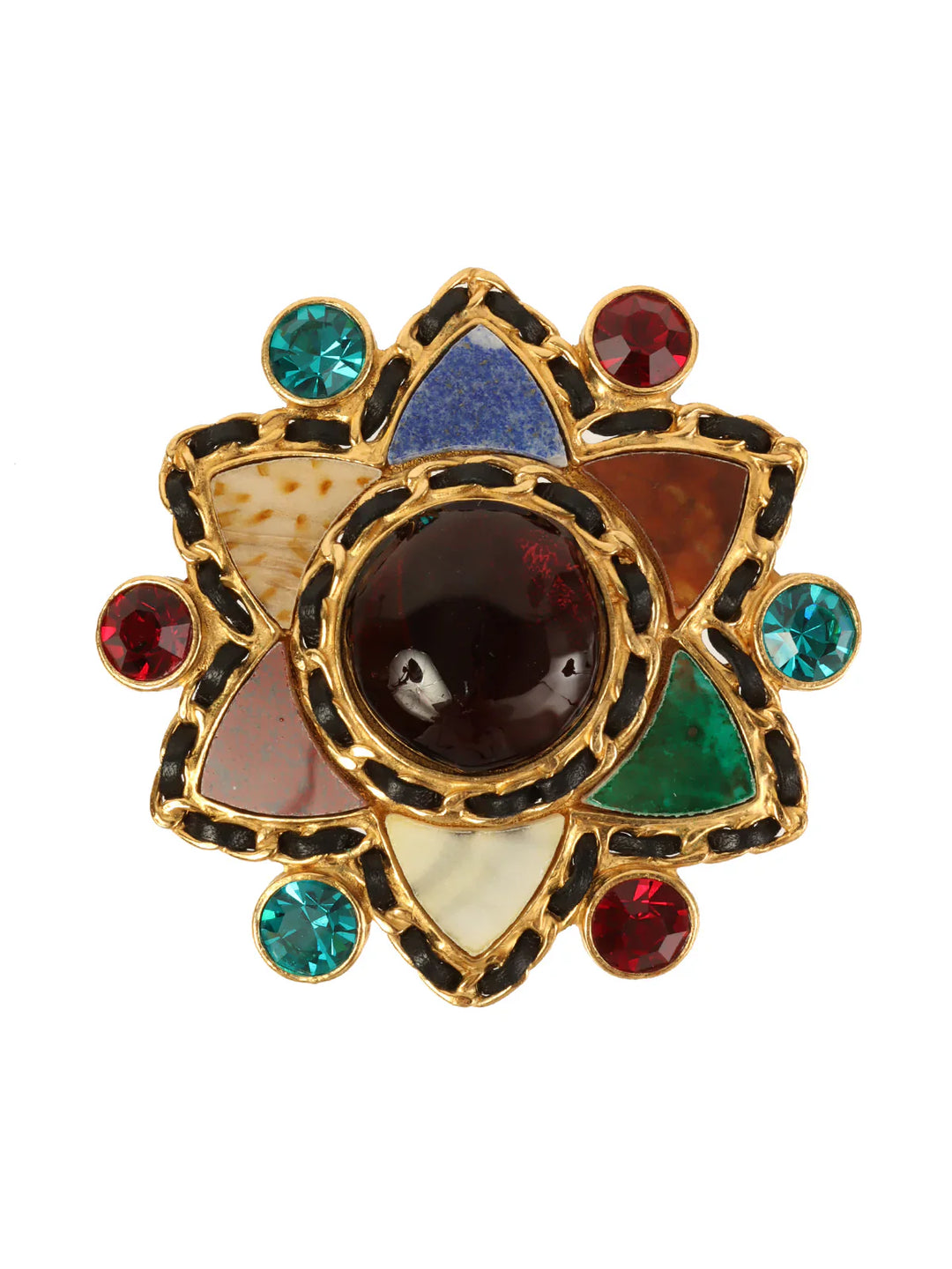 Chanel 1995 Made Gripoix Edge Chain Desing Brooch Gold/Black/Red/Blue