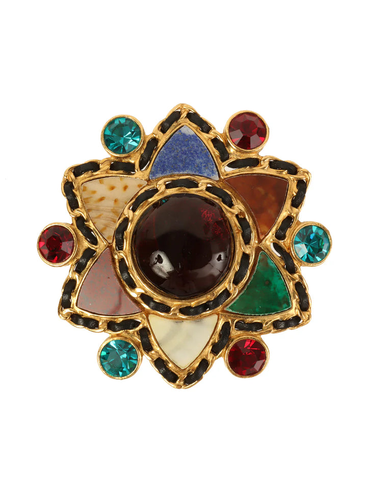 Chanel 1995 Made Gripoix Edge Chain Desing Brooch Gold/Black/Red/Blue