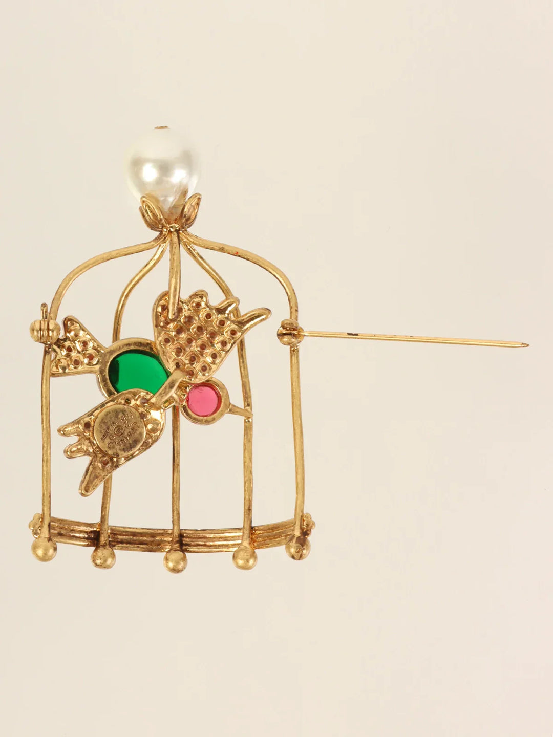Chanel 1994 Made Gripoix Pearl Rhinestone Bird Cage Brooch Gold/Multi