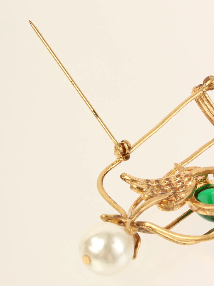 Chanel 1994 Made Gripoix Pearl Rhinestone Bird Cage Brooch Gold/Multi