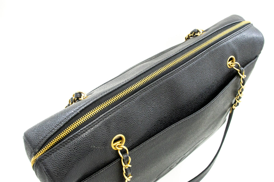 Chanel Caviar Big Large Chain Shoulder Bag Black Leather Gold Zip
