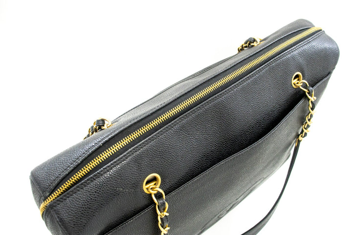 Chanel Caviar Big Large Chain Shoulder Bag Black Leather Gold Zip