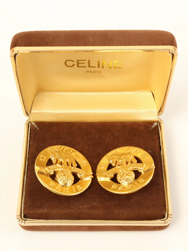 Celine Circle Star Horse Motif Logo Earrings Gold