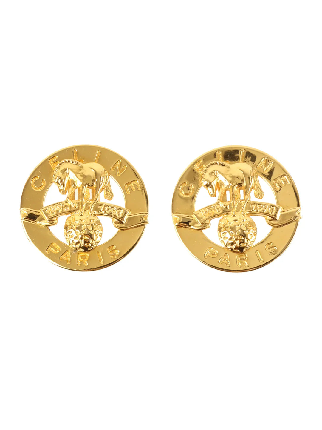Celine Circle Star Horse Motif Logo Earrings Gold