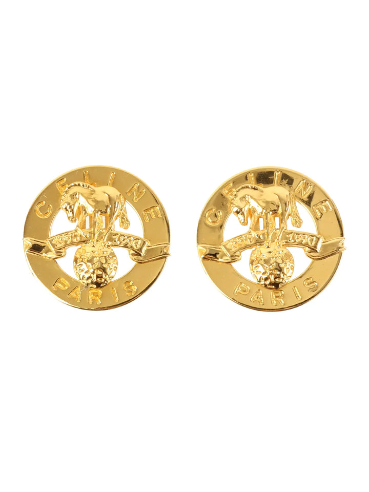 Celine Circle Star Horse Motif Logo Earrings Gold