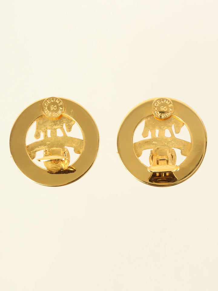 Celine Circle Star Horse Motif Logo Earrings Gold
