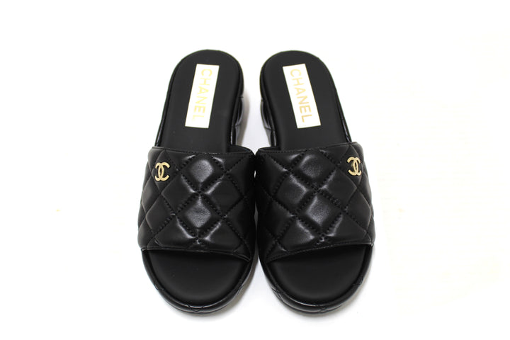 Top Quality Chanel Black Quilted Lambskin Leather Platform Slide Size 36
